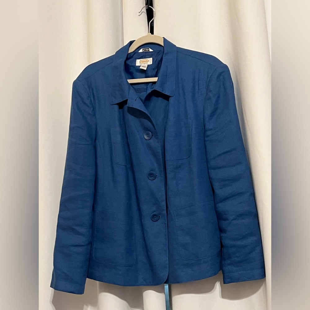 Talbots Irish Linen Jacket Size 16W Button Front Lined Career Womens Blue Pocket